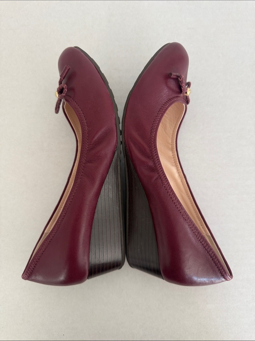 Cole Haan Zinfandel Leather Tali Grand Lace Wedges Bow Quilted Burgundy Sz 8 - Picture 12 of 15